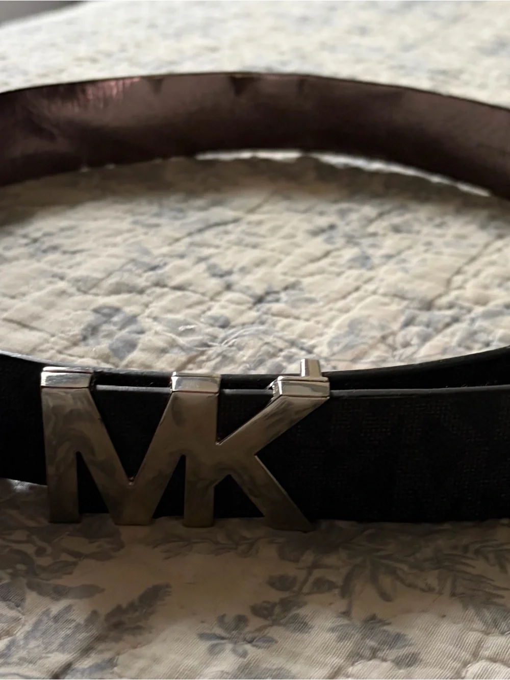 Michael Kors Black Brown Men’s M Logo Belt with Silver MK Buckle